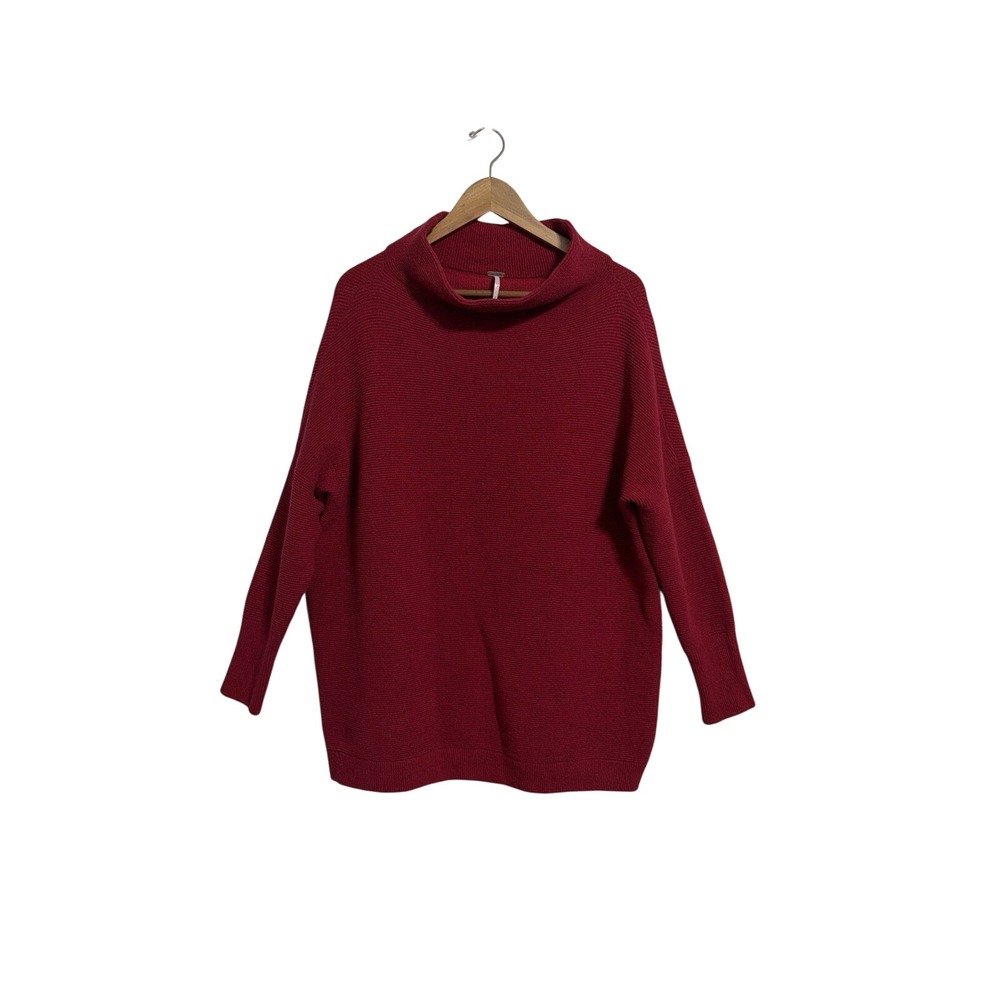 Free People Ottoman Slouchy Tunic Sweater Red Mock Neck Ribbed Knit Small